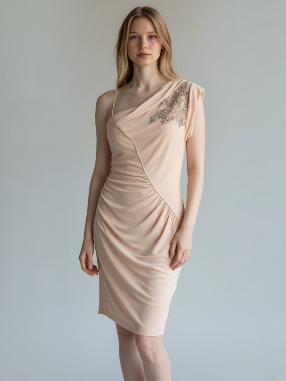 Badgley Mischka Peach Pink One Shoulder Ruched Cocktail Dress Beaded Strap 4